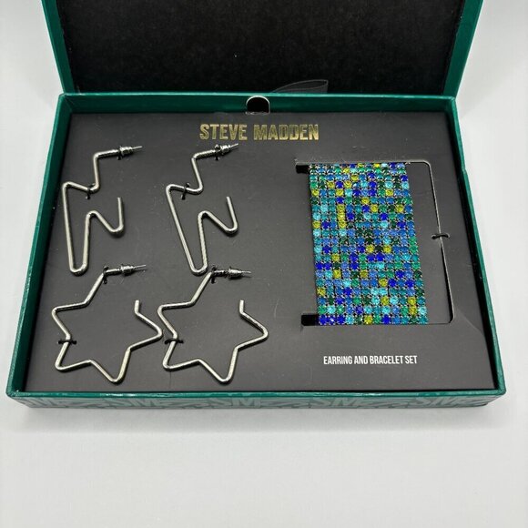 NWT Steve Madden Silvertone Earrings Pavé Star Bracelet Jewelry Gift Set - Picture 2 of 8